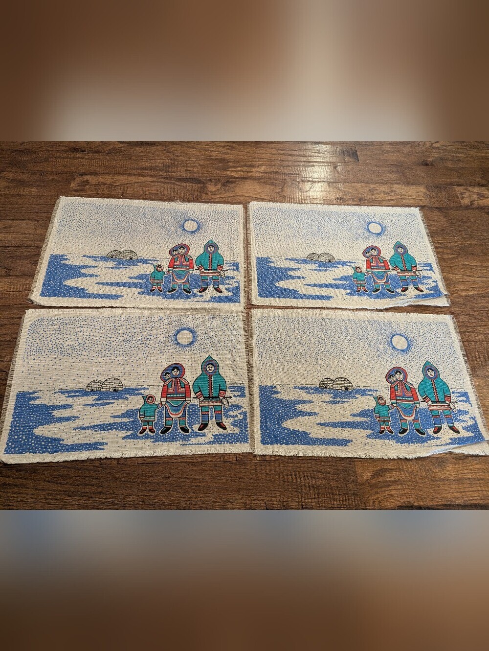 Vintage Skemo Canada Inuit Family Placemat Set Of 4 in Blue Teal & White